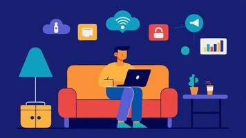 Auto Comfort A person relaxing on a sofa giving commands to multiple smart devices to create the perfect environmentadjusting curtains lighting and temperature through voice.. vector