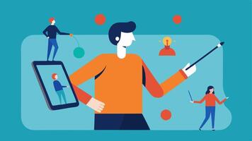 Environmental Adaptation An illustration of a person guiding a remote team through a project using a tablet with a stylus demonstrating adaptive strategies and tools for successful. vector