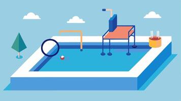 Aquatic Therapy Pool A swimming pool equipped with a ramp for wheelchair access alongside floating devices and adaptive swim aids.. vector