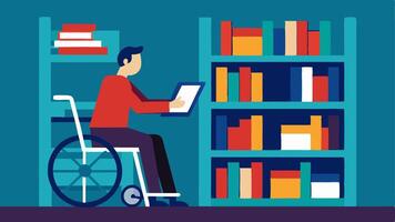 Accessible Shelves An illustration of a library interior featuring adjustableheight shelves with a person in a wheelchair easily reaching books on a lower shelf.. vector