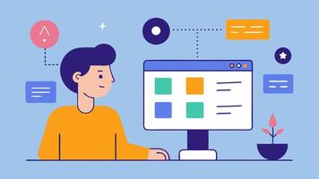 Dynamic Interface Changes A user customizing their interface on a monitor while icons and menu layouts adjust automatically based on eye position and movements.. vector