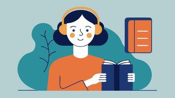 Audiobook Experience A person with hearing aids enjoying an audiobook with visual captions displayed on a smartphone screen demonstrating accessibility in literature.. vector