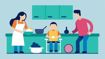 Cooking Together A family making a meal in a kitchen with accessible counters where a child in a wheelchair is mixing ingredients with help from their siblings.. vector