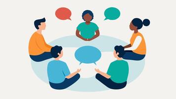 Circle of Trust A group of five diverse individuals sitting in a circle on the floor engaged in discussion with speech bubbles showing supportive phrases like Youre not alone and I. vector