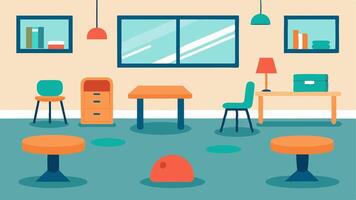 Flexible Seating Options A classroom scene with different seating arrangements such as wobble stools standing desks and cushions on the floor accommodating various learning. vector