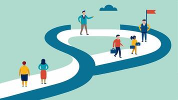 Career Pathway A winding road with signs indicating different career milestones featuring diverse professionals walking together symbolizing support and collaboration.. vector