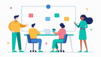 Collaborative Whiteboard Area A communal space with large whiteboards where employees freely brainstorm ideas showcasing teamwork in an inclusive manner.. vector