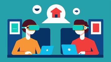 Collaborative Work A split screen showing two individuals in different home offices one using sign language to communicate with the other who is using augmented reality glasses to. vector