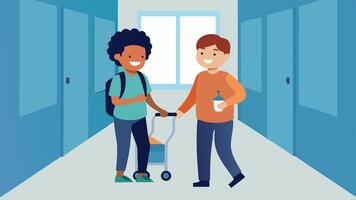Buddy System Two students walking down a school hallway one student with a mobility device and the other offering an arm for support both laughing and chatting as they share a. vector
