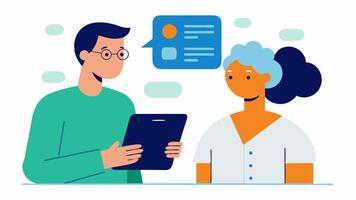 Emotional Checkins An image of a mental health professional using an interactive tool or app on a tablet to conduct emotional checkins with a client emphasizing tech accessibility.. vector