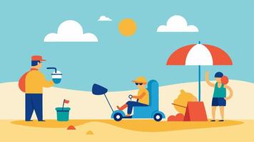 At the Beach A beach outing where a character with a mobility scooter chats with friends who are building sandcastles. Everyone is enjoying the sun and surf with beach umbrellas. vector
