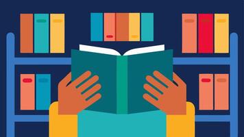 Braille Books A closeup image of a persons hands reading a Braillecovered book while sitting at a reading table surrounded by bookshelves filled with colorful books.. vector
