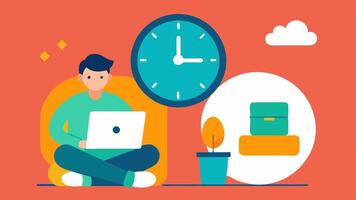 Flexible Work Schedule An illustration of a clock with flexible time symbols accompanied by a person smiling with a laptop on their lap relaxing in a cozy chair illustrating the. vector