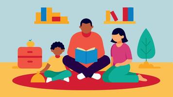 Family Reading Area A family with a parent reading to a child on a colorful rug in a dedicated family reading area complete with floor cushions and playful wall murals.. vector