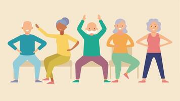 Fitness Class Seniors participating in a gentle exercise class such as chair yoga or tai chi guided by an instructor emphasizing wellbeing and mobility.. vector