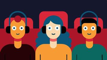 Audience with Ear Protection A of individuals in a theater wearing stylish headphones or earplugs looking relaxed and content while watching a movie signifying the reduced. vector