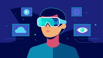 Cyborg Eye View A person wearing sleek bionic glasses looking at a vibrant holographic display of images highlighting the enhanced clarity of their vision.. vector