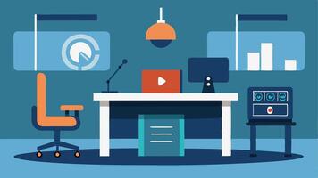 Adaptive Studio Setup An illustration of a news studio equipped with accessible equipment like adjustable desks and tactile maps for all journalists.. vector