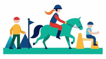 Equestrian Event An athlete with a disability riding a horse through a show jump course wearing a helmet with a guide running alongside for support showcasing the bond with the. vector