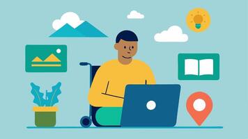 Accessible Blogging A traveler with a mobility impairment typing on a laptop equipped with voice recognition software sharing their adventures on a blog with travel photos. vector