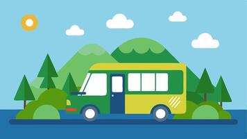 Accessible Shuttle An ecofriendly shuttle bus parked at a national park entrance clearly marked with wheelchair symbols and equipped with a ramp.. vector