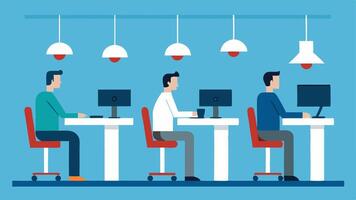 Adjustable Desks A side view illustration of an ergonomic office space showing several adjustable desks at different heights with employees of varying heights comfortably working.. vector