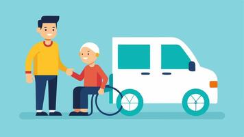 Driver Assistance An illustration of a smiling driver standing next to a wheelchair user entering the van emphasizing support and compassion.. vector
