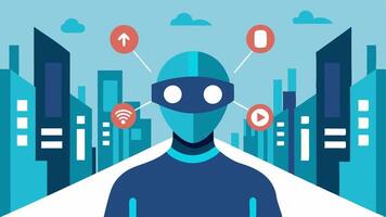 Cityscape Insight A figure on a busy city street their bionic eyes scanning the environment displaying augmented reality navigation arrows and points of interest.. vector