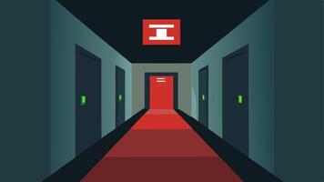 Emergency Exits A marked emergency exit in a corridor with clear signage and illuminated paths to guide residents safely and calmly in case of an emergency.. vector