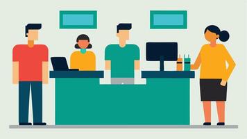 Cash Register Accessibility A cash register area designed with varying height levels for both standing and seated customers along with staff ready to assist demonstrating. vector