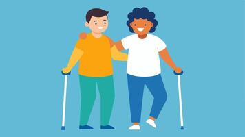 Buddy System Two friends assisting each other during a mental health outing showcasing support and friendship with one using crutches and the other providing supportive gestures.. vector