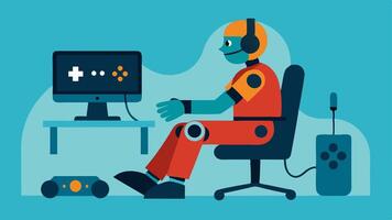 Gaming with Assistive Devices A gamer with a prosthetic limb using an adaptive gaming setup demonstrating how assistive devices can integrate seamlessly into gaming.. vector