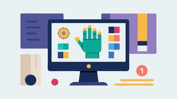 Digital Design Software An illustration of a computer screen displaying a detailed 3D model of a prosthetic hand with design tools and color palettes surrounding it.. vector