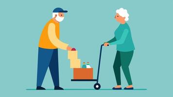Food Distribution An elderly person with a cane assisting in distributing food packages using a portable cart to help transport items while a volunteer guides them.. vector