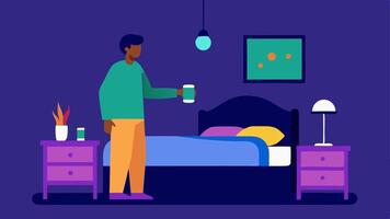 Comfortable Bedroom An individual with limited mobility adjusting the room temperature and lighting in their bedroom using a voiceactivated control device. Soft visuals of a bed. vector