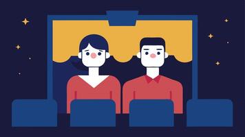 Captioned Movie Experience A couple watching a movie in a theater with subtitles displayed on the screen highlighting the importance of visual aids in entertainment.. vector