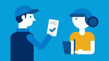 Feedback Opportunity A passenger with a clipboard giving feedback to a driver representing user involvement in service improvement.. vector