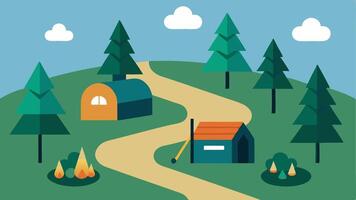 Campground A camping site designed for accessibility featuring a tent area with paths leading to adapted restrooms and services surrounded by trees and a campfire.. vector