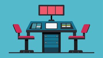 Adapted Workstations An illustration of a media workstation with an adjustableheight desk accommodating seated and standing positions equipped with large monitors and easyaccess. vector