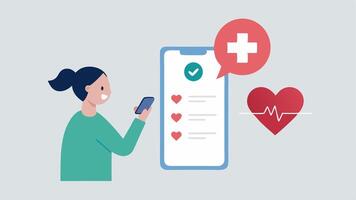 Emergency Contact Features An illustration of a user tapping their phone with a heart symbol and a list of emergency contacts for quick access during health emergencies.. vector