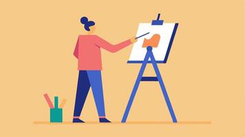 Adaptive Easel A of an adjustable art easel that supports different canvases with a person working on a painting at a comfortable angle.. vector