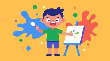 Art and Expression A child joyfully painting on an easel with vibrant splashes of paint and a variety of expressive art supplies around them showcasing creativity and. vector