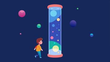 Bubble Tube An illustration of a tall illuminated bubble tube that slowly cycles colorful bubbles with a child mesmerized by its gentle movement and glow.. vector