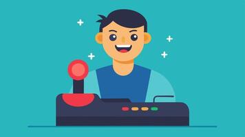 Character Selection with Ease An illustration of a gamer using a modified joystick to select characters in a game with visible expressions of joy and accomplishment.. vector