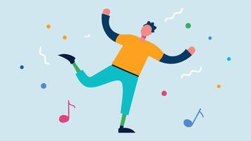 Dancing Joyfully A lively scene of an individual with a prosthetic limb gracefully dancing at an outdoor event with colorful musical notes floating around to convey rhythm and joy.. vector