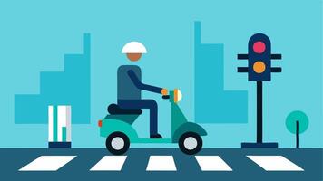 Crosswalk Convenience A depiction of an individual on a mobility scooter waiting at a pedestrian crosswalk with traffic lights and adjacent cars stopping to allow safe passage.. vector