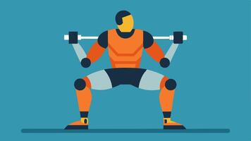 Exercising An athletic individual in a robotic exoskeleton performing squats with the device enhancing their range of motion and strength during the exercise.. vector