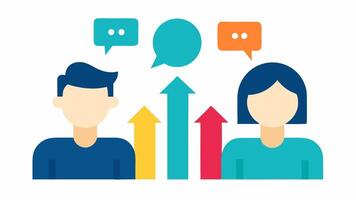 Feedback and Growth Two individuals involved in a performance review discussion with visual indicators of growth like arrows moving upward and constructive feedback.. vector