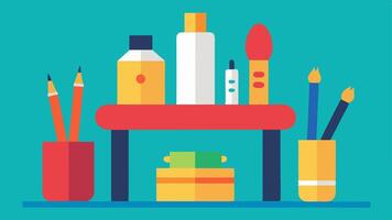 Art Supplies Table A image showing a table covered with various adaptive art supplies such as textured paintbrushes oversized pencils and paint tubes with ergonomic caps.. vector