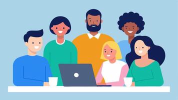 Diverse Team A group of people of various ethnicities and abilities gathered around a table smiling and collaborating with a laptop open displaying a hiring platform.. vector